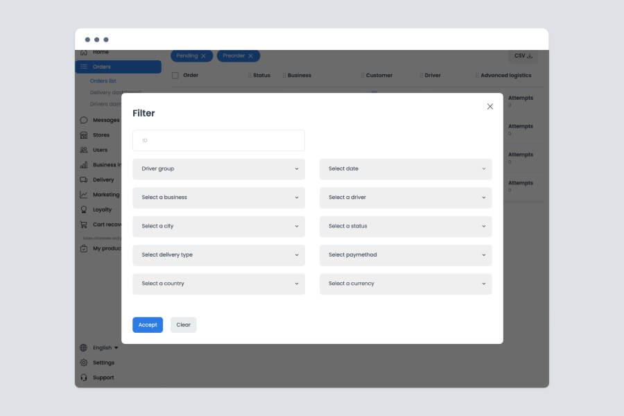 Filter dialog for the orders list with fields for driver group, business, city, delivery type, country, date, driver, status, payment method, and currency