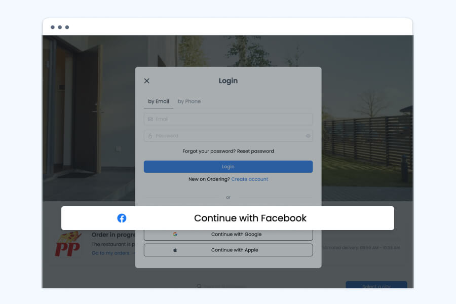 Ordering.co login window on a website, with sign-in by email or by phone, a Forgot your password link, a Create account link, and Continue with Facebook, Google, and Apple buttons.