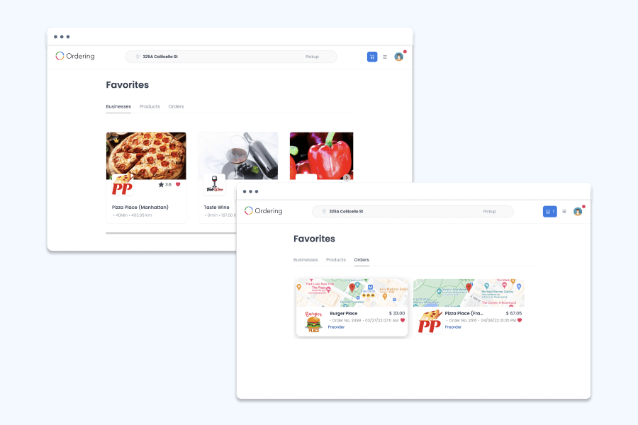 Ordering.co Favorites page with Businesses, Products, and Orders tabs, showing saved businesses such as Pizza Place and Taste Wine, and favorited past orders from Burger Place and Pizza Place.