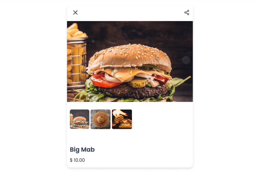 Storefront product detail card for a burger named Big Mab, showing a large hero photo with three additional gallery thumbnails below it and the product price.