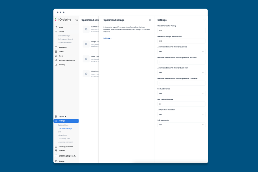 The Ordering.co Dashboard Operation Settings panel, with fields for Max Distance for Pickup, Meters to Change Address Limit, Automatic Status Update for Business and for Customer with their distance thresholds, Radius Distance, Min Radius Distance, Add Product One Click, and Sub Categories.