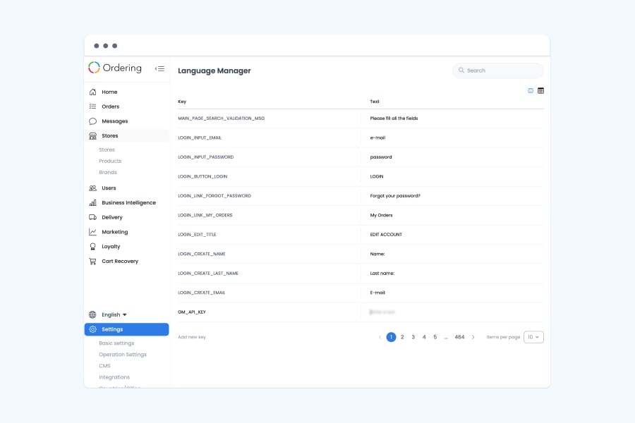 The Ordering.co Dashboard Language Manager, listing translation keys such as LOGIN_INPUT_EMAIL and LOGIN_BUTTON_LOGIN next to their translated text, with an Add new key option and pages of entries.