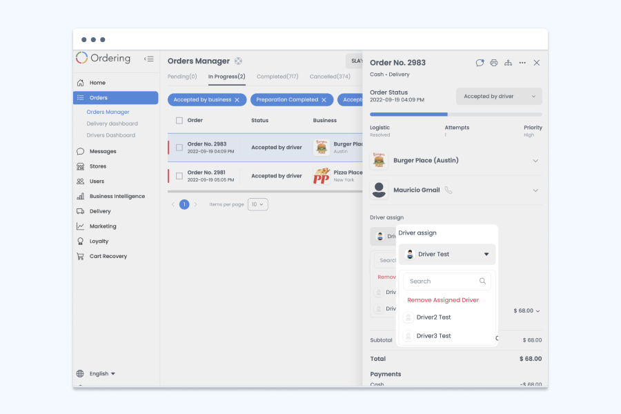 Orders Manager in the Dashboard with a delivery order open and the driver assign menu listing the available drivers