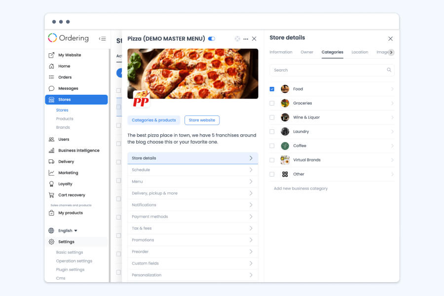 Store details in the Ordering.co dashboard with the Categories tab open. A checklist of business types includes Food, Groceries, Wine & Liquor, Laundry, Coffee, Virtual Brands, and Other, with Food selected, and a link to add a new business category.
