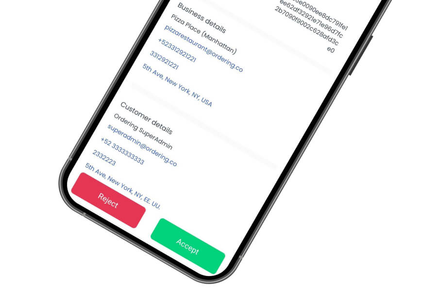 Mobile order screen showing business and customer contact details above Reject and Accept buttons