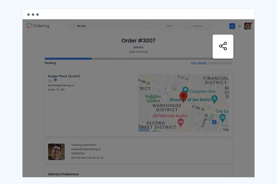 Ordering.co order tracking page for Order #3007, with a share icon over a map showing the delivery route to Burger Place.