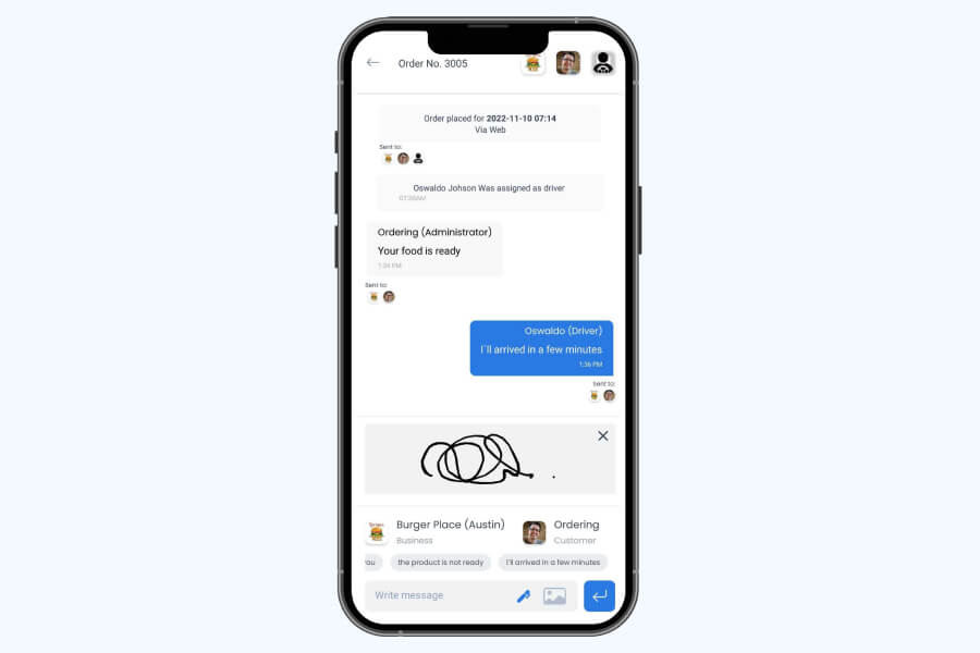Order 3005 in the Ordering.co app on a phone. The order conversation shows that a driver was assigned, a message from the store saying the food is ready, the driver’s reply, and a signature drawn on screen above the message field.