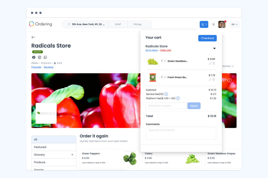 Ordering storefront for Radicals Store with the cart panel open, showing Green Seedless Grapes and Fresh Green Beans, subtotal, service fee, platform fee, a discount coupon field, and total.