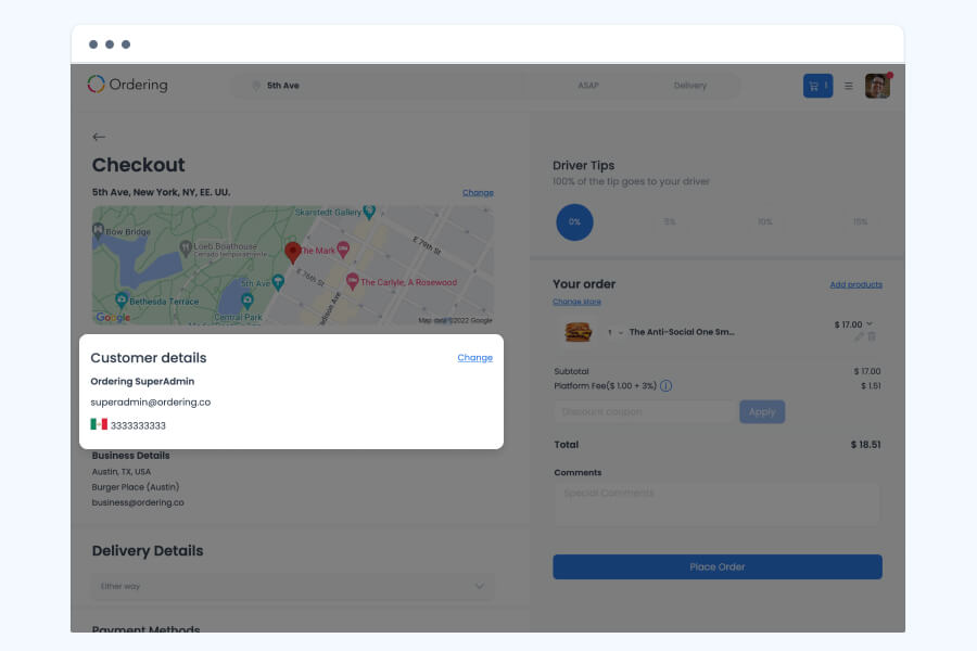 A checkout screen on Ordering.co showing the customer's order summary with a platform fee added to the subtotal, next to the delivery address, driver tip, and Place Order button.