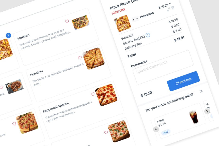 Checkout panel for Pizza Place showing the cart subtotal, service fee, and delivery fee above a "Do you want something else?" card recommending a Pepsi with an Add button.