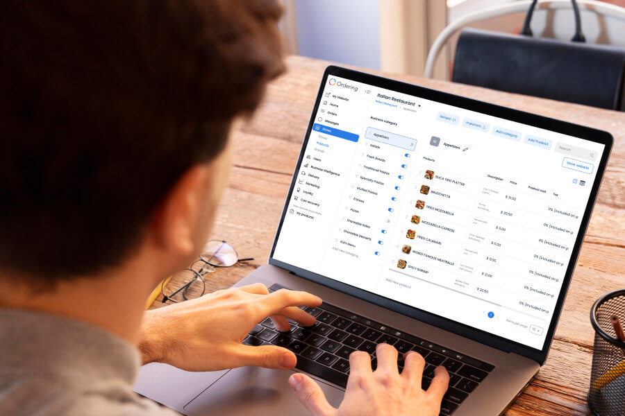 Dashboard product list for an Italian restaurant with parent categories such as Appetizers, Fresh Breads, Traditional Pastas, and Pizzas, each with an on/off toggle, beside the Appetizers product list showing price, product cost, and tax.