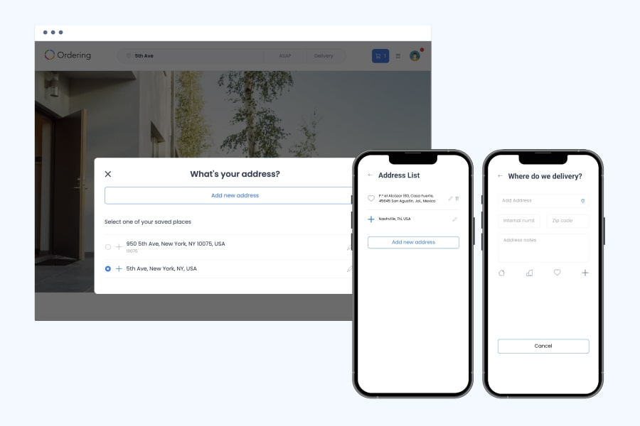 Ordering.co customer app with an Address List screen and a Where do we deliver form with fields for an internal number, a zip code, and address notes.
