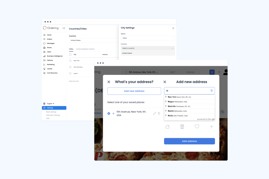 Ordering.co checkout address form with a country and city autocomplete dropdown next to the dashboard Countries/Cities settings list and a City Settings panel.