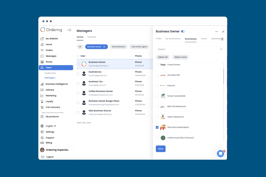 Ordering.co Managers screen with Active and Inactive tabs, role filters for Business owner, Administrators, and Call center agent, and a business owner's assigned businesses picked by checkbox