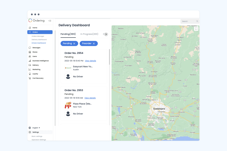 Delivery Dashboard listing pending orders and their assigned drivers beside a live map