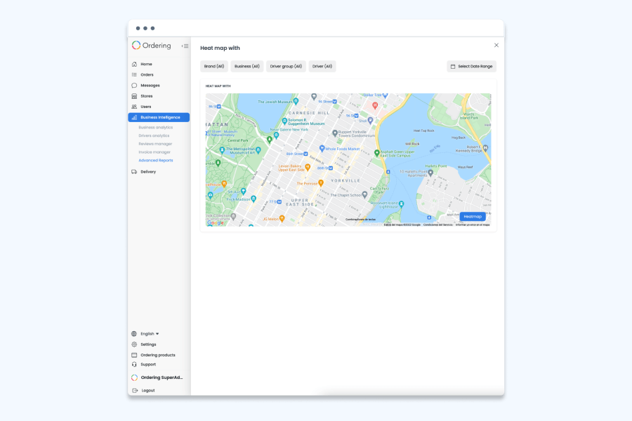Ordering.co Advanced Reports heat map with Brand, Business, Driver group, and Driver filters and a date range selector, showing order density on a city map