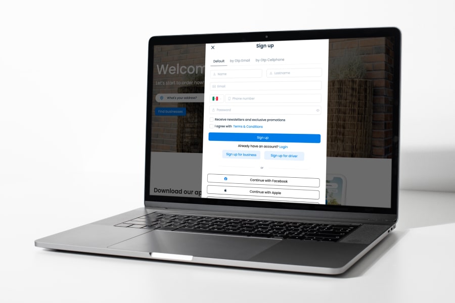 Ordering.co sign-up window on a laptop, with fields for name, last name, email, phone number, and password, a Terms & Conditions checkbox, a Sign up button, and Continue with Facebook and Apple buttons.