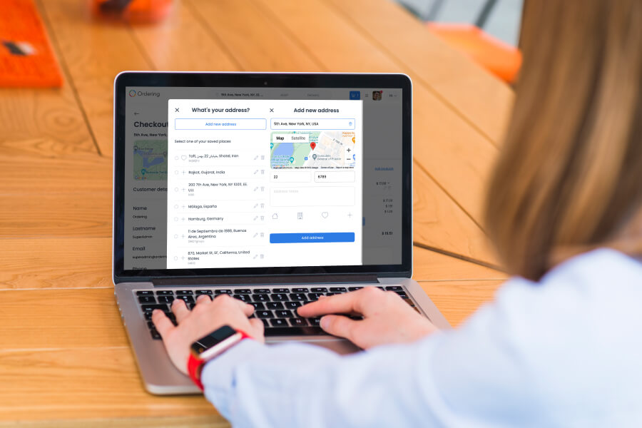 Ordering.co checkout on a laptop, with a What's your address panel listing saved places next to an Add new address panel showing a map and address fields.