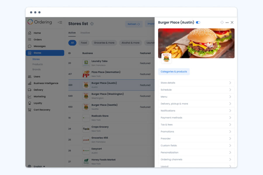 The Ordering.co Dashboard stores list, with the settings panel for Burger Place (Austin) open, listing Store details, Schedule, Menu, Delivery, pickup & more, Notifications, Payment methods, Tax & fees, Promotions, Preorder, Custom fields, Personalization, Ordering channels, and Layout.