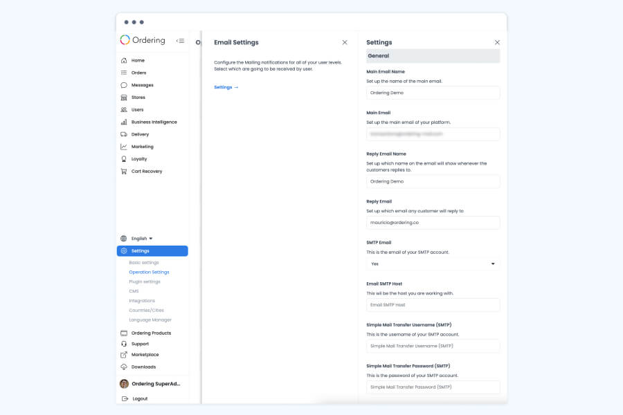 The Ordering.co Dashboard Email Settings panel, with fields for Main Email Name, Main Email, Reply Email Name, Reply Email, and SMTP account details including the host, username, and password.