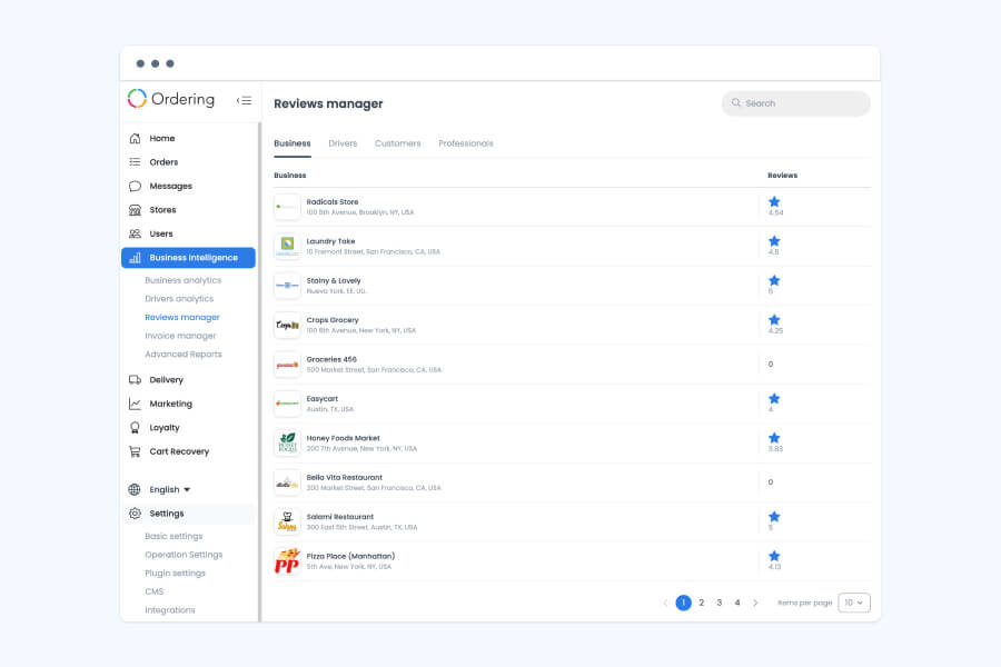 Ordering.co Reviews Manager, under Business Intelligence, listing businesses with their average review rating, searchable and organized by Business, Drivers, Customers, and Professionals