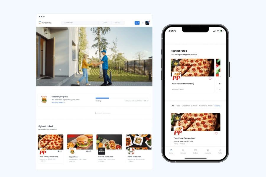 A marketplace website and a customer app side by side. Both show a Highest rated row, captioned Top ratings and great service, with store cards for Pizza Place, Burger Place, and other stores, their star ratings, and delivery details.
