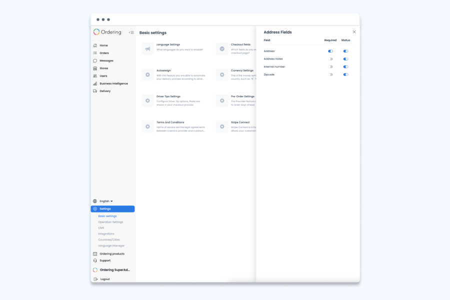 Ordering.co dashboard Address Fields settings, listing Address, Address notes, Internal number, and Zipcode rows, each with a Required toggle and a Status toggle.