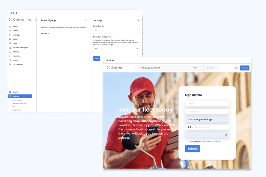 The Ordering.co Dashboard Driver Sign Up settings, with Driver Sign Up and Driver Sign Up Approval options, next to the driver-facing sign-up page inviting drivers to join the fleet with a registration form.