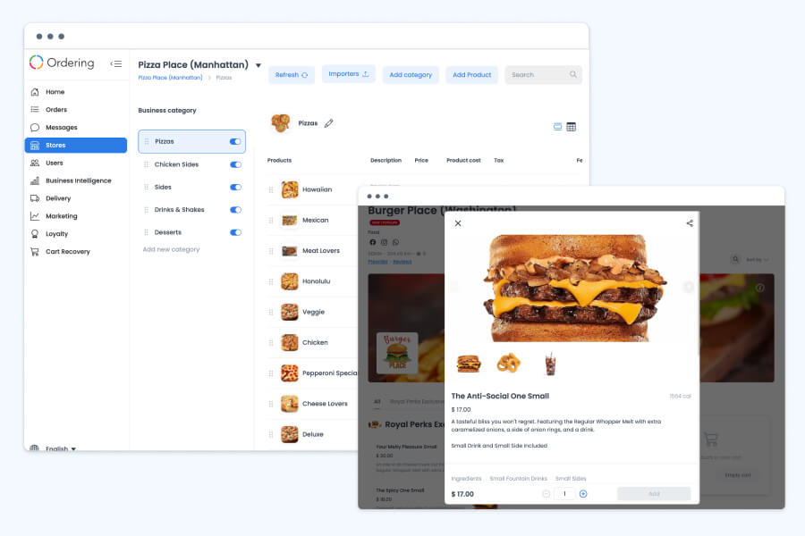 Dashboard product list for a pizza restaurant with categories such as Pizzas, Chicken Sides, and Desserts, each with an on/off toggle, beside a product list showing price, product cost, and tax, and a storefront product detail view open on top.