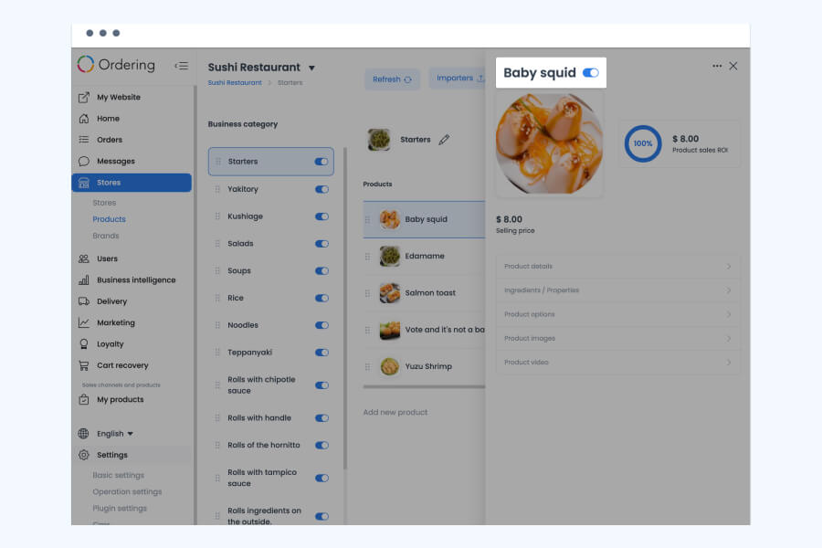 Dashboard product list for a sushi restaurant with categories such as Starters, Salads, and Noodles, most toggled on and one toggled off, beside a product detail panel for Baby squid.
