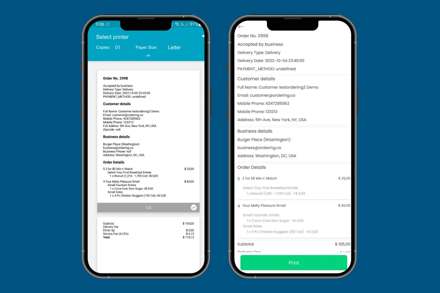 Print dialog with printer and paper size options, above a ticket preview listing customer details, business details, and an itemized order with subtotal, delivery fee, driver tip, service fee, and total