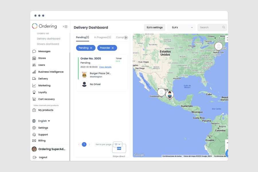 Ordering.co Delivery Dashboard with pending orders, status filters, and drivers moving on a live map