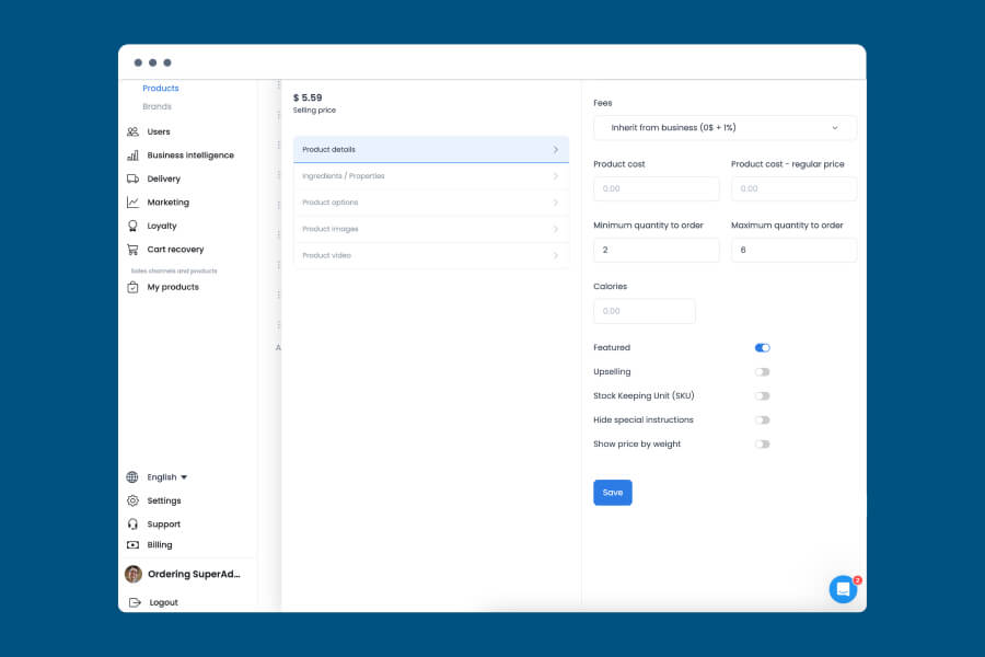 Dashboard product settings panel with a Featured toggle turned on, alongside fields for minimum and maximum order quantity and calories.