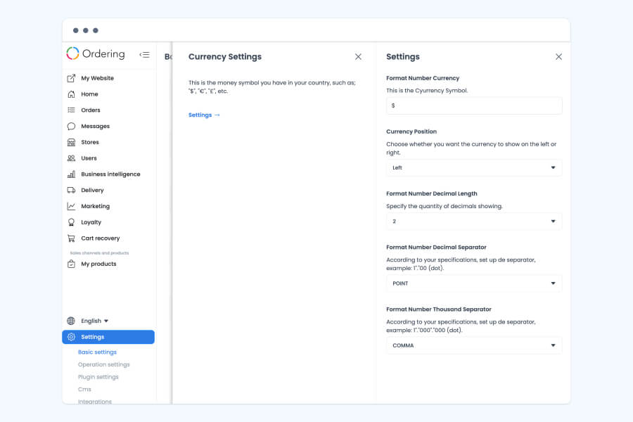 The Ordering.co Dashboard Currency Settings panel, with fields for the currency symbol, whether it shows on the left or right, the decimal length, and the decimal and thousand separators.