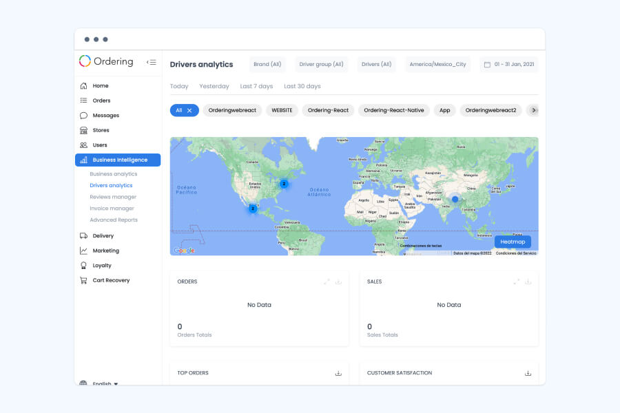 Ordering.co Drivers Analytics with Brand, Driver group, Driver, and country filters, a date range with quick presets, channel filters, a world map with a heat-map toggle, and Orders, Sales, Top Orders, and Customer Satisfaction report cards