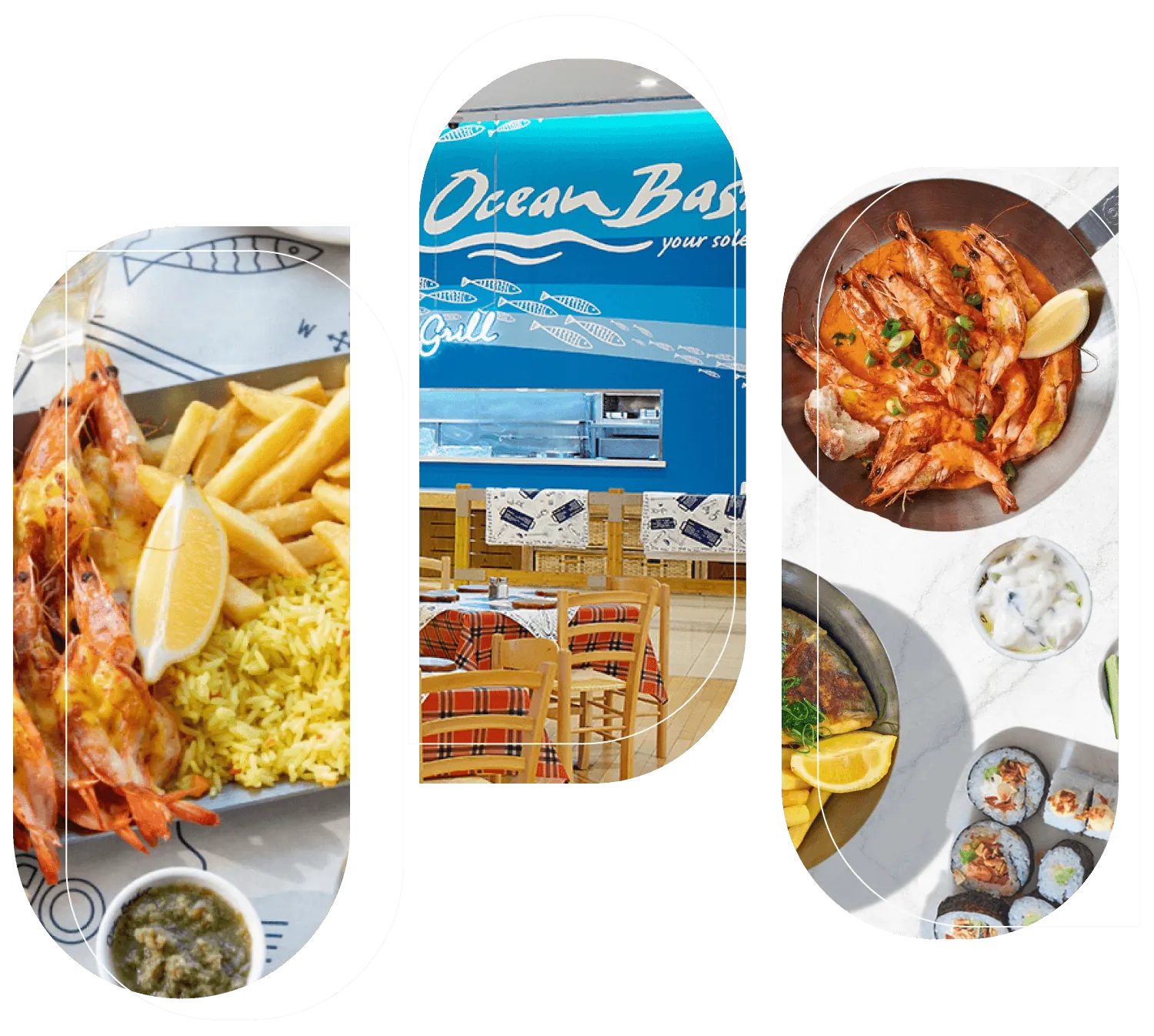 A three-panel collage of Ocean Basket food and restaurant photography.