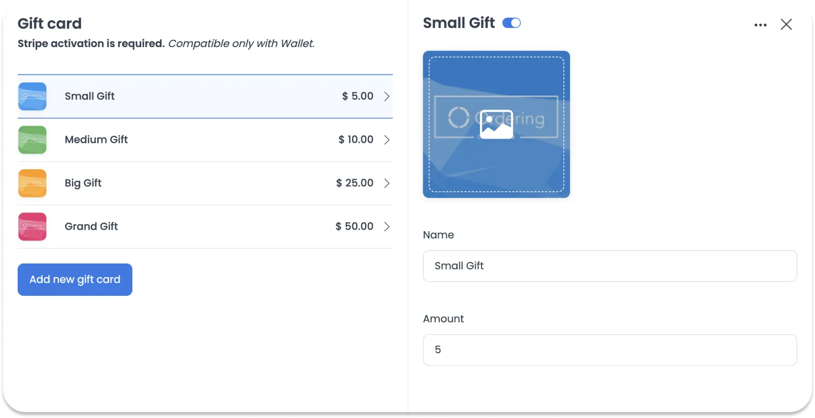 Dashboard gift-card list with Small, Medium, Big, and Grand Gift products and their amounts, an Add new gift card button, and a Small Gift product open with its image, name, and amount fields.