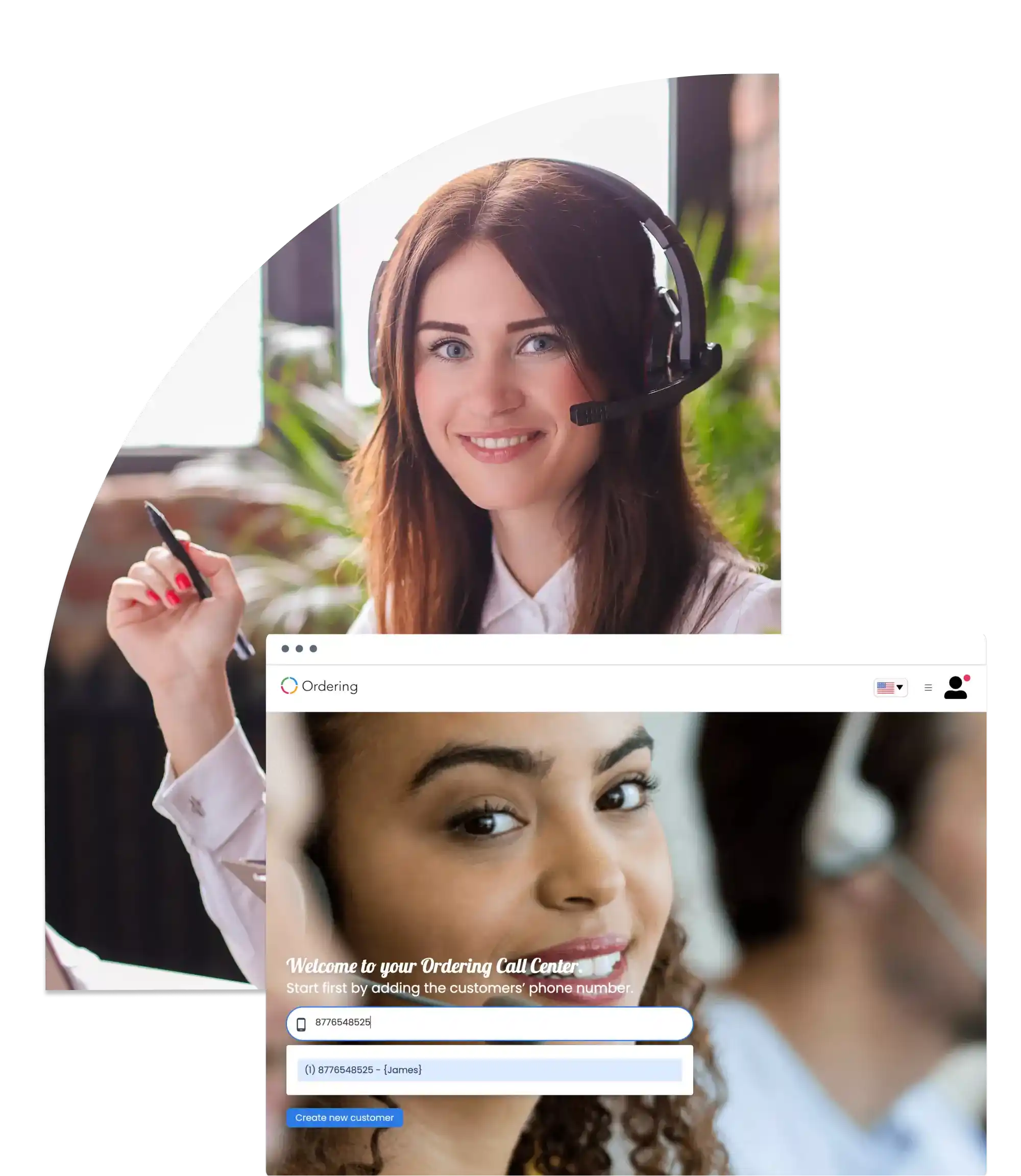 Call Center welcome screen suggesting a registered customer as the agent types a phone number
