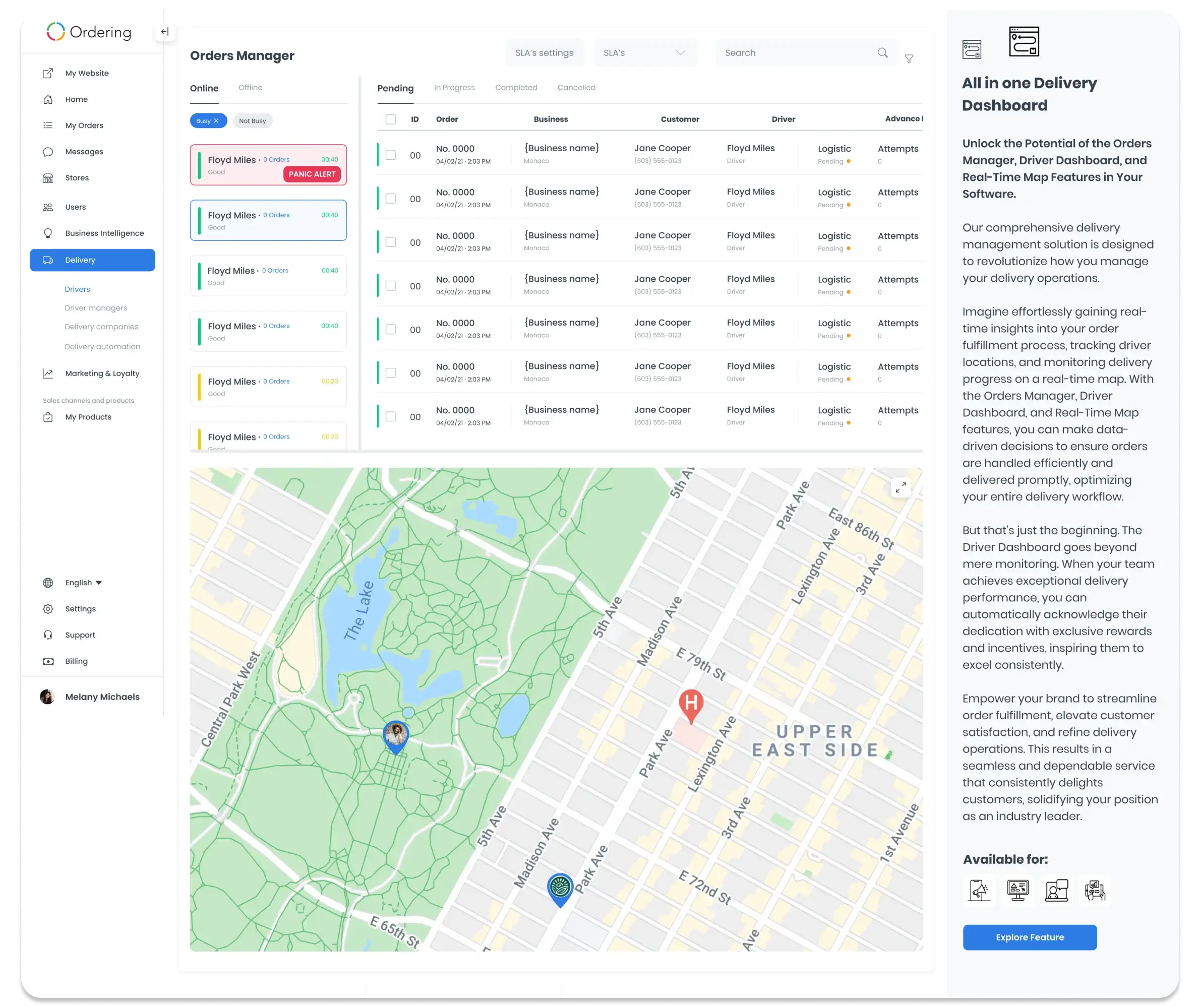 Orders Manager list next to a live delivery map in the All-in-one Delivery Dashboard