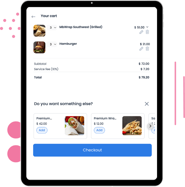 Cart screen with order items and an upsell prompt