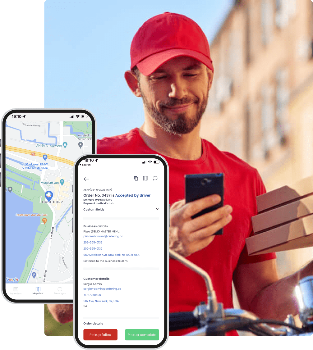 Driver app screens with a delivery map and order details on a driver's phone