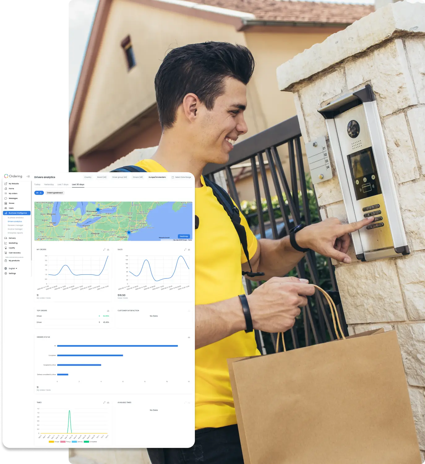 Driver performance report with a delivery map and activity charts