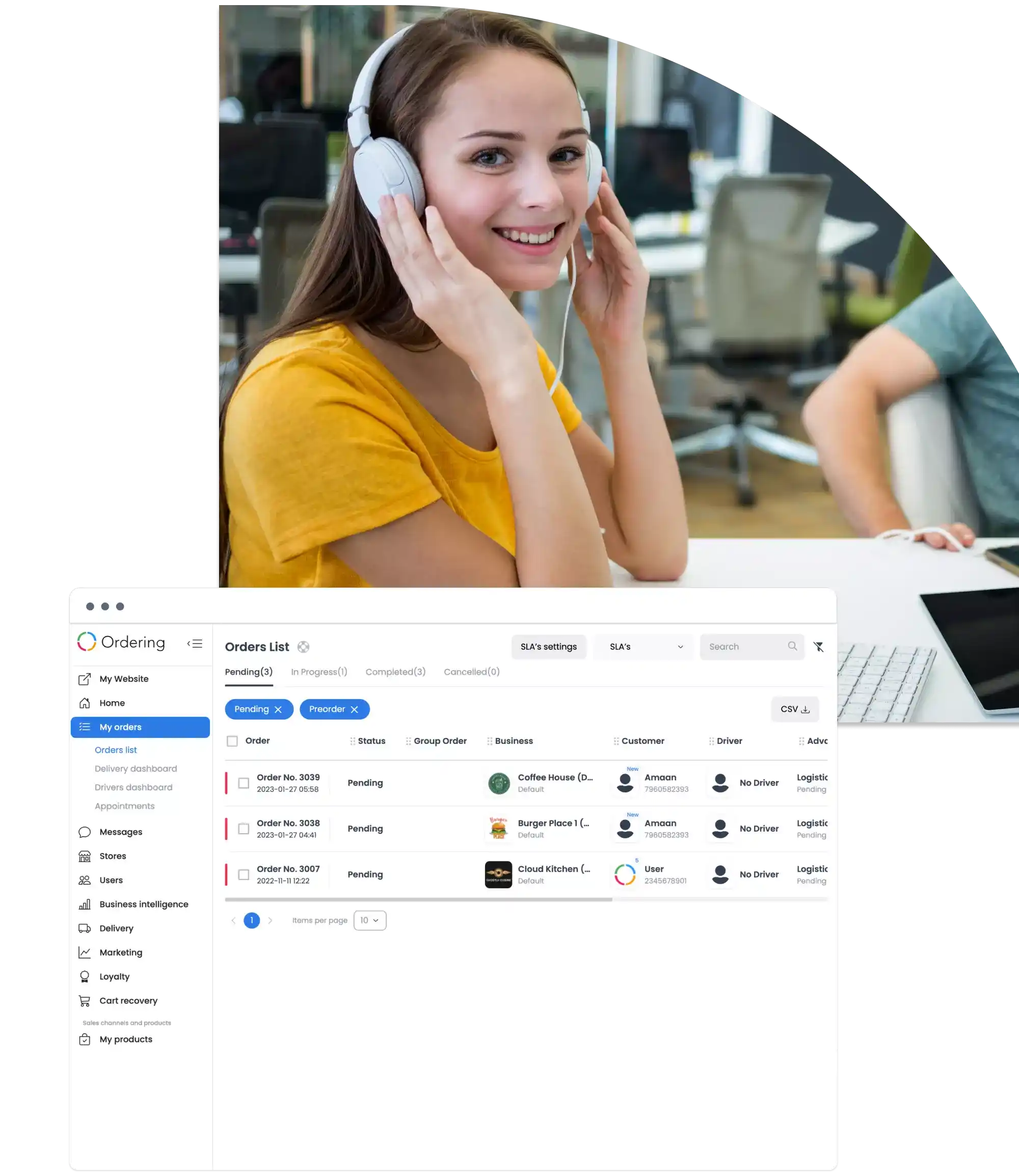 Orders list with pending orders, status, business, customer, and driver columns