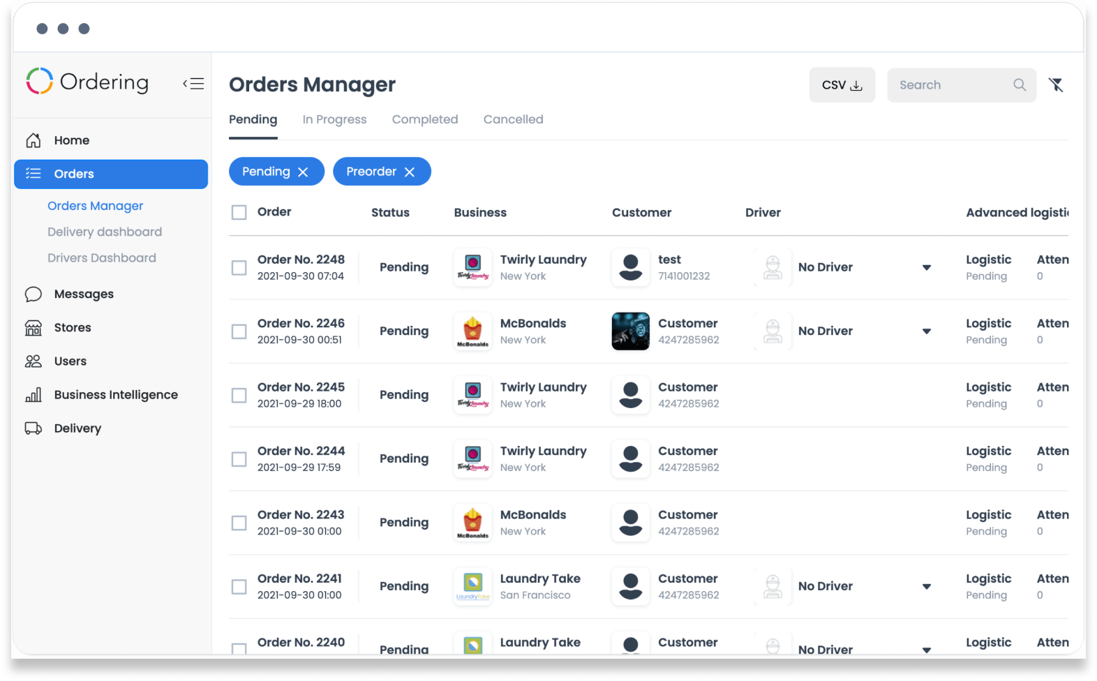 Orders manager listing incoming orders with status, business, customer, and driver