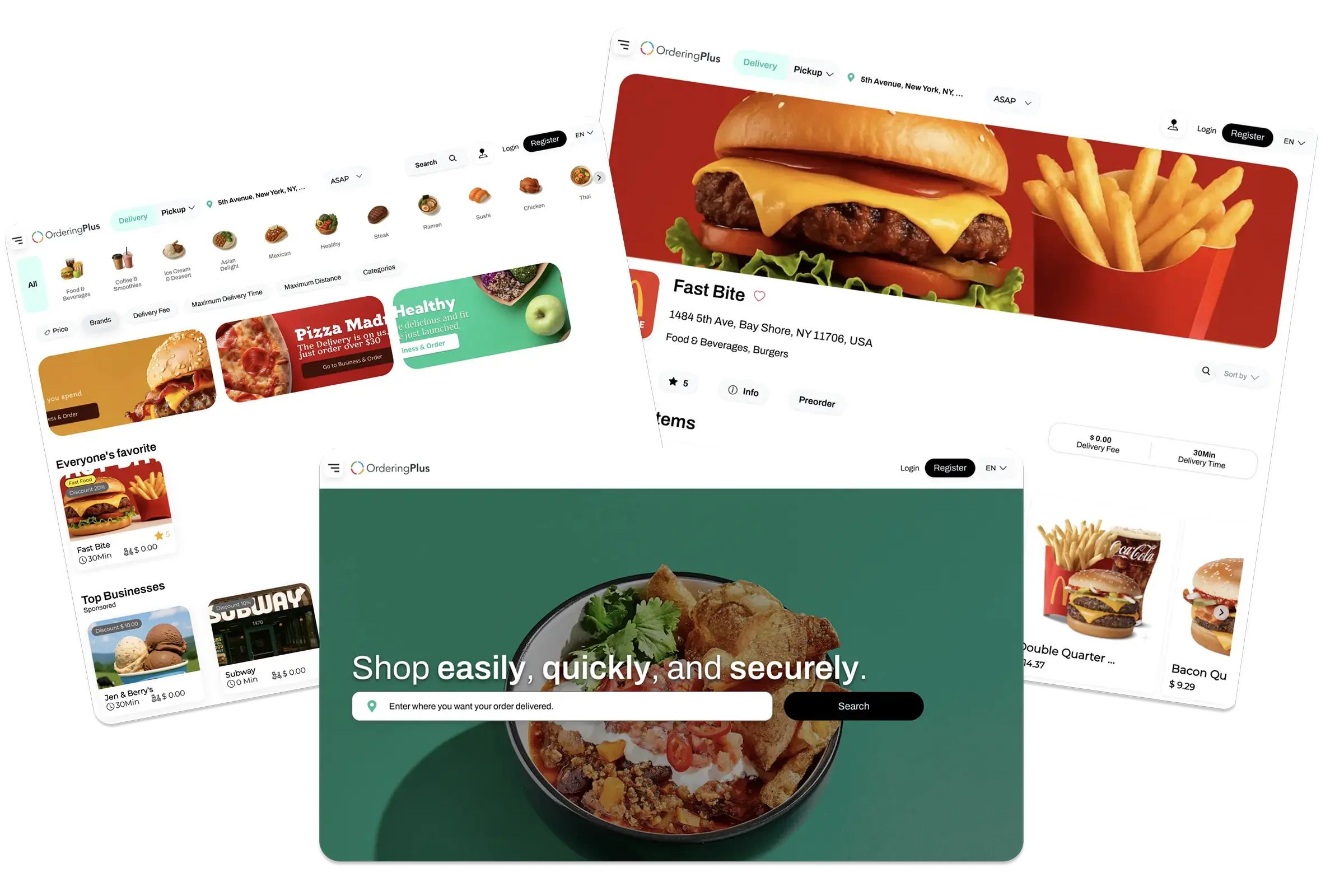 Three web views showing business discovery, a store menu, and a location search