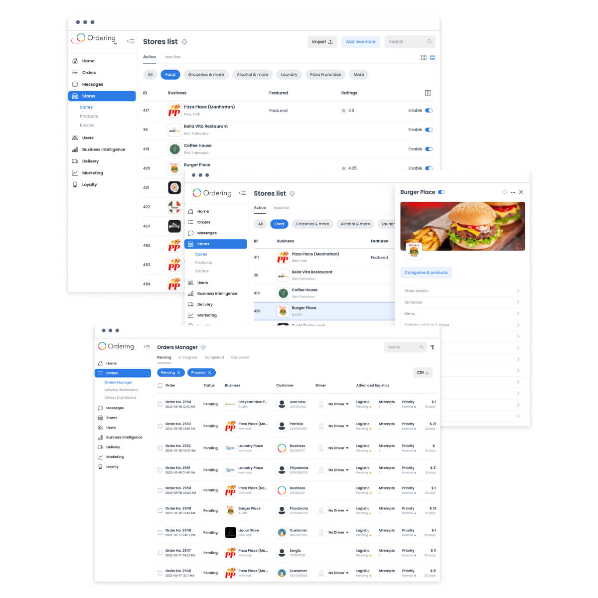 Ordering.co dashboard showing the store list, store details and pending orders