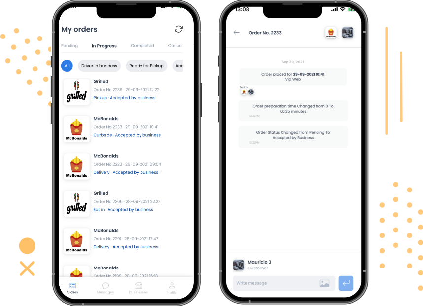 Phone screens with the orders list and the order status history