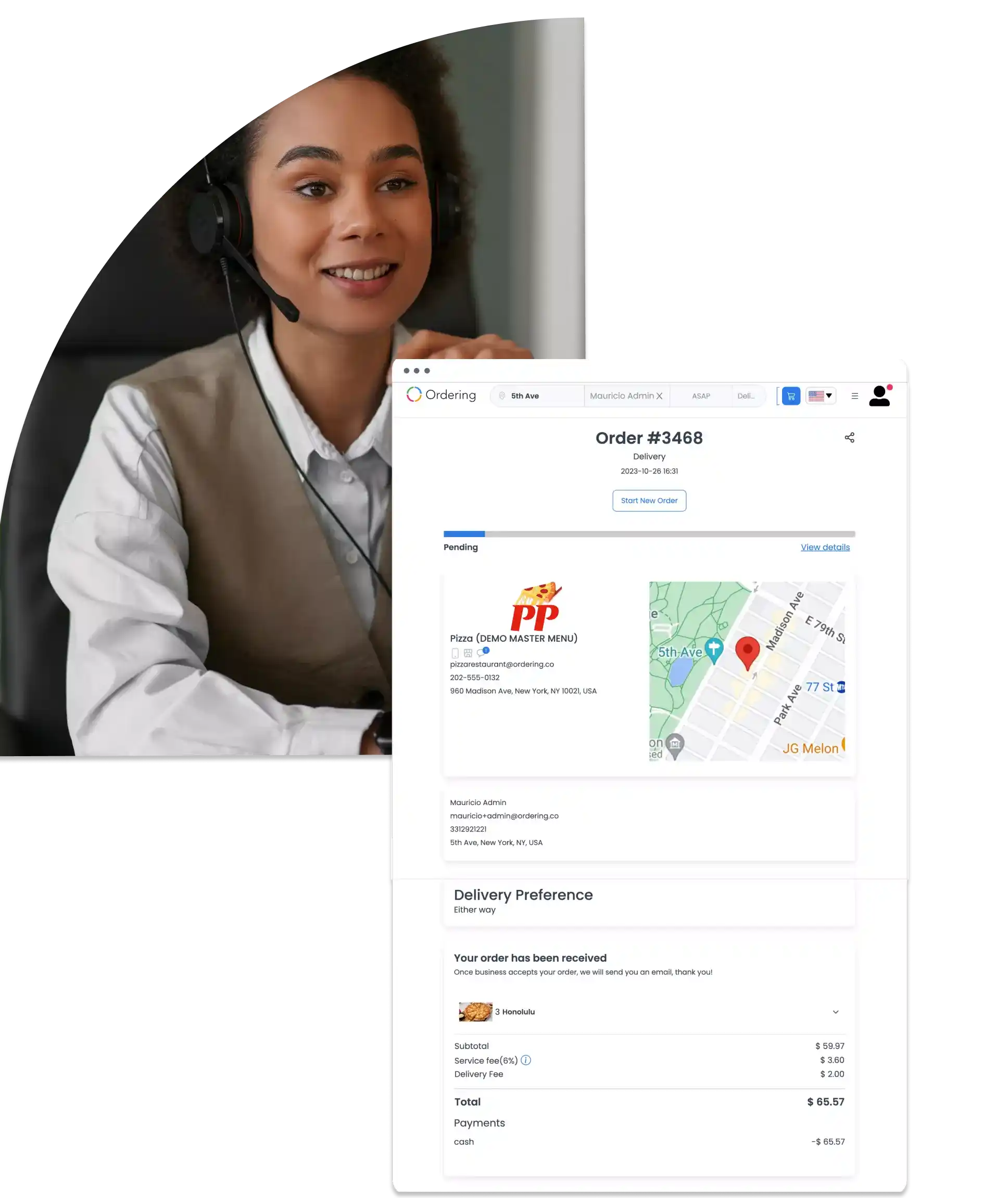 Order summary with store, delivery address, items, taxes, fees, and payment