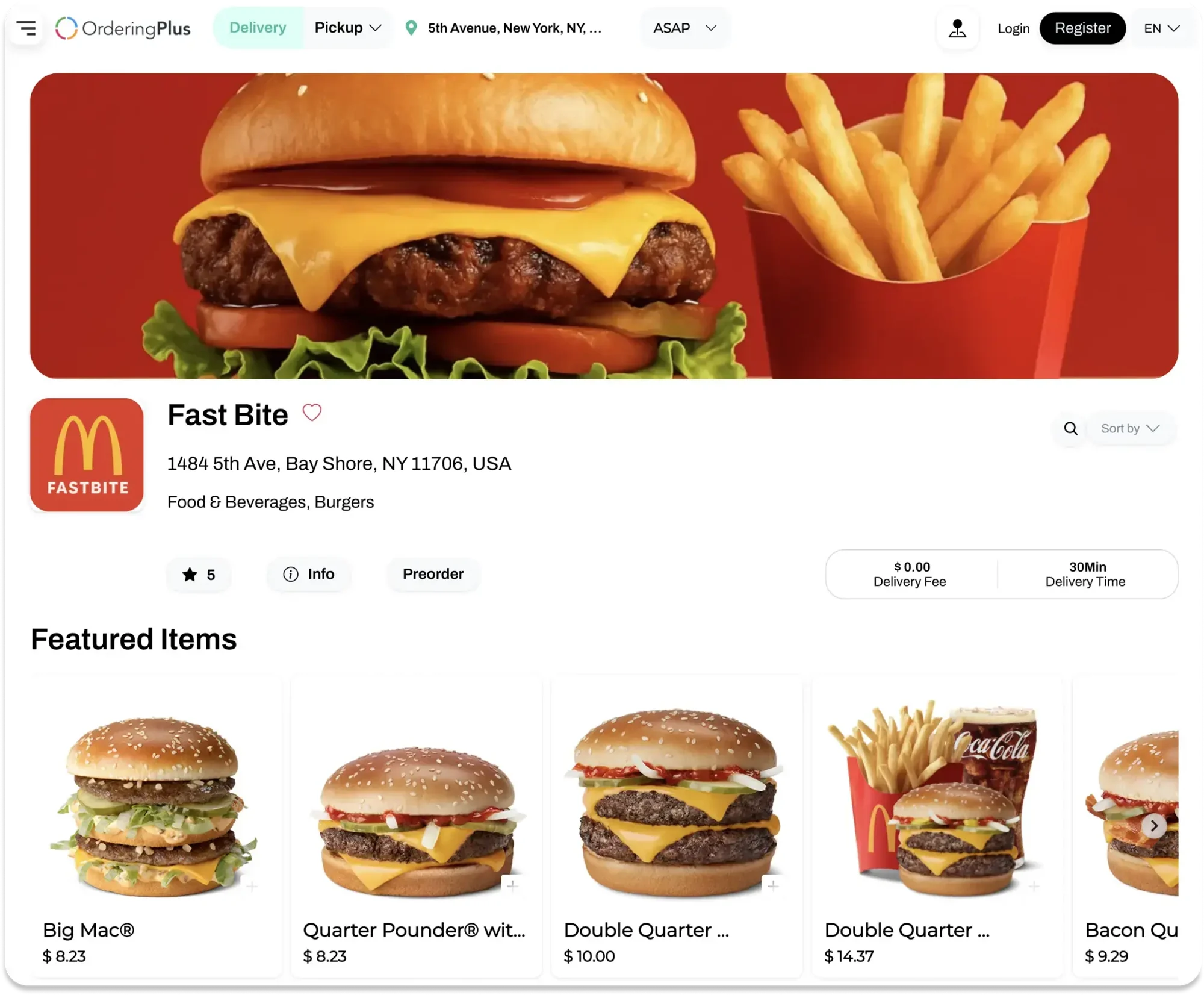 Business menu with featured products, photos, and prices