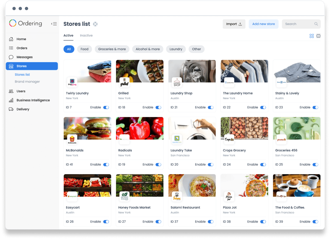 Stores list with store photos, categories, and enable switches